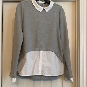 Zara Gray and White Double Layered Look Collared Blouse